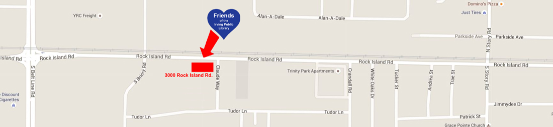 Map to Freinds of the Irving Public Library Book Sales Warehouse